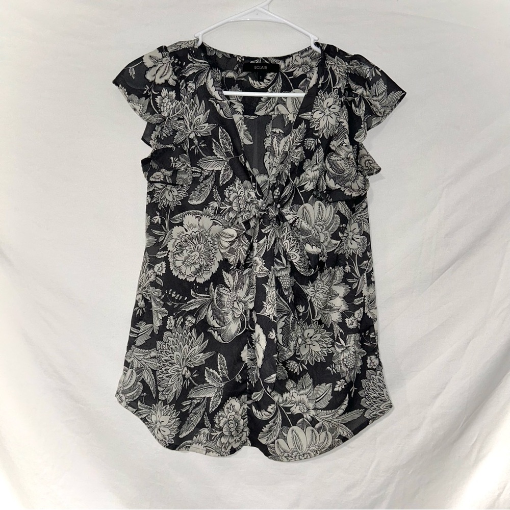 Eclair Black Gray White Floral Office Work Business Casual Bow Blouse